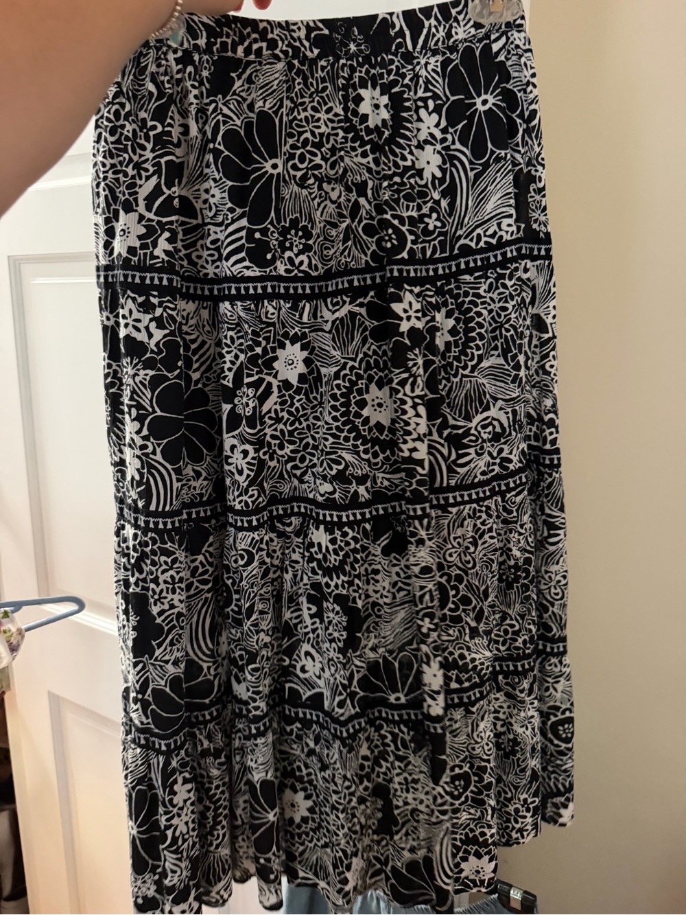 Black & White Floral Tiered Midi Skirt